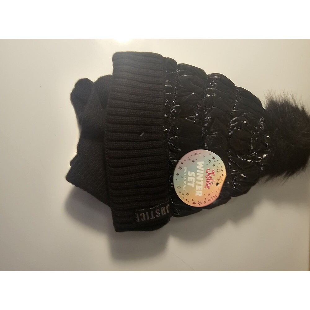 Justice Girls Black Shiny Sequin Beanie Hat And Glove Set - New.